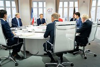 President Donald J. Trump joins G7 Leaders Italian Prime Minister Giuseppe Conte; European Council President Donald Tusk; Japan Prime Minister Shinzo Abe; United Kingdom Prime Minister Boris Johnson; German Chancellor Angela Merkel; Canadian Prime Minister Justin Trudeau and G7 Summit host French President Emmanuel Macron during a G7 Working Session on Global Economy, Foreign Policy and Security Affairs at the Centre de Congrés Bellevue Sunday, Aug. 25, 2019, in Biarritz, France.