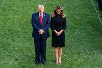 September 11, President Donald J. Trump and First Lady Melania Trump bow their heads during a moment of silence on the South Lawn of the White House Wednesday, Sept. 11, 2019, in honor of the attacks on Sept. 11, 2001. (Official White House Photo by Andrea Hanks). Original public domain image from Flickr