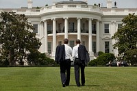 President Barack Obama and British Prime Minister David Cameron walk across the South Lawn of the White House, July 20, 2010.