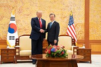 President Donald J. Trump and Republic of South Korea President Moon Jae-in attend their first bilateral meeting at Blue House House Sunday, June 30, 2019 in Seoul. (Official White House Photo by Shealah Craighead). Original public domain image from Flickr
