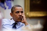 President Barack Obama receives an economic briefing in the Roosevelt Room of the White House, Sept. 2, 2010.