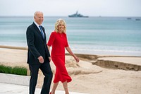 President Joe Biden and First Lady Jill Biden walk along the beach at the Carbis Bay Hotel and Estate for the G7 welcome ceremony Friday, June 11, 2021 in St. Ives, Cornwall, England. (Official White House Photo by Adam Schultz). Original public domain image from Flickr