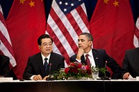 President Barack Obama and President Hu Jintao of China attend a meeting with business leaders in the Eisenhower Executive Office Building, Jan. 19, 2011.