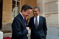 President Barack Obama talks with British Prime Minister David Cameron following their joint press conference at Lancaster House in London, England, May 25, 2011.