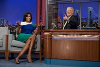 First Lady Michelle Obama is interviewed during a taping of the "Late Show with David Letterman" at the Ed Sullivan Theater in New York, N.Y., March 19, 2012.