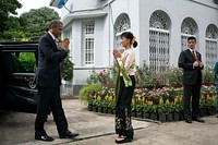 President Barack Obama greets Burmese Opposition Leader Aung San Suu Kyi during a visit to her private residence in Rangoon, Burma, Nov. 19, 2012.