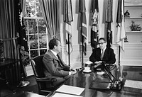 Nixon and Kissinger. U.S. President Richard Nixon (left) and Henry Kissinger, National Security Adviser and Secretary of State, at the White House. From the booklet "President Nixon and the Role of Intelligence in the 1973 Arab-Israeli War.". Original public domain image from Flickr