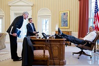 President Barack Obama talks with Chief of Staff Denis McDonough and Miguel Rodriguez, Director of Legislative Affairs, in the Oval Office, Feb. 25, 2013.
