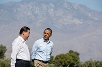 President Barack Obama and President Xi Jinping of the People's Republic of China walk on the grounds of the Annenberg Retreat at Sunnylands in Rancho Mirage, Calif., before their bilateral meeting, June 8, 2013.