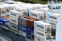 Maersk, Gold, Safmarine, MSC, P&O Nedlloyd shipping containers, location unknown, June 22, 2015. View public domain image source here