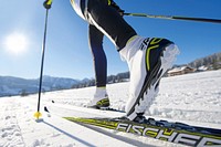 Fischer cross-country skis on snow, location unknown, date unknown. View public domain image source here