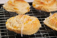 Baked pastry with corn and cream. Free public domain CC0 photo.