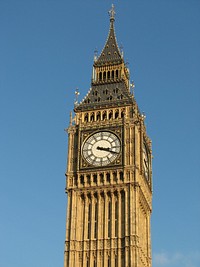 Big Ben clock tower at the north end of the Palace of Westminster in London, England. Free public domain CC0 photo.