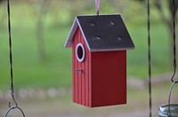 Cute bird house and feeder. Free public domain CC0 photo.