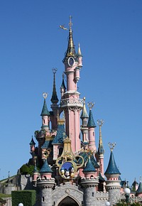 Pink Disneyland castle architecture. Free public domain CC0 image.