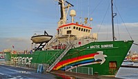 Greenpeace Actic Sunrise ship in ocean, Delfzijl, Netherlands, 31 January 2016. View public domain image source here