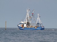 Blue fishing boat sailing. Free public domain CC0 photo.