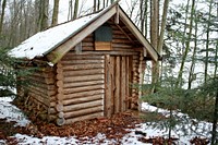 Hunting hut in forest during winter. Free public domain CC0 image.