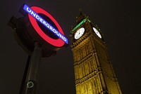 Underground sign at Big Ben Tower, London, UK, 9 July 2015.