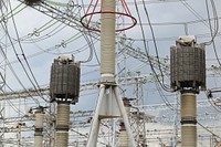 Power plant cables and transformers. Free public domain CC0 image.