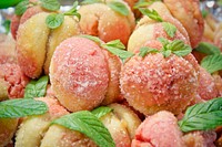 Closeup on pile of marzipan peaches. Free public domain CC0 image.