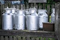 Milk tin jugs. Free public domain CC0 photo.