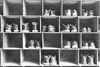 Old shoes on a wooden shelf. Free public domain CC0 image