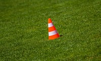 Traffic cone on grass. Free public domain CC0 photo.