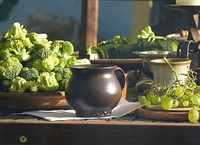 Pot on table with fresh fruit and vegetable. Free public domain CC0 image.