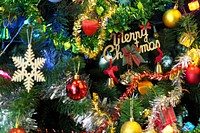 Ornaments hanging on Christmas tree. Free public domain CC0 photo.