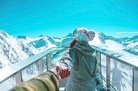 Free women holding hand on top of mountain image, public domain people CC0 photo.