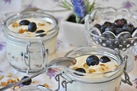 Yogurt with blueberries in jar. Free public domain CC0 photo.