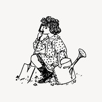 Gardening girl clipart, vintage hobby illustration vector. Free public domain CC0 image.