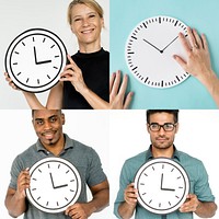 Set of Diverse People With Time Management Studio Collage