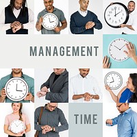 Set of Diverse People With Time Management Studio Collage