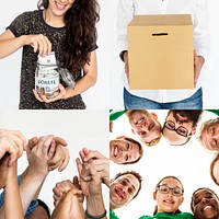 Group of Diverse Volunteer Charity Donation Support Studio Collage Isolated