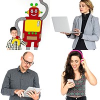 Set of Diverse People with Technology Invention Studio Collage