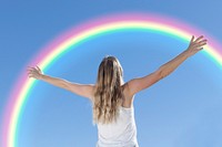 Free women appreciating a rainbow image, public domain emotion CC0 photo.