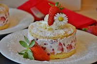 Free strawberry cream cake on plate image, public domain dessert CC0 photo.