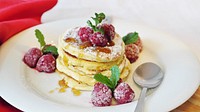 Free honey pancake with raspberry image, public domain food CC0 photo.