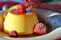 Free flan pudding with raspberries image, public domain CC0 photo.