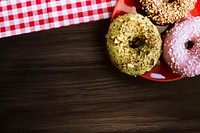 Free three flavor donut on the table image,  public domain food CC0 photo.
