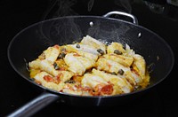 Free fish dish cooking in a pan image, public domain food CC0 photo.