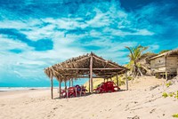 Beach cloudy blue sky landscape, free public domain CC0 photo.