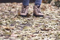 Free shoes of person on ground full of fall leaves photo, public domain nature CC0 image.