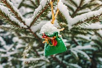 Free ornament on snowy tree image, public domain winter decoration CC0 photo.