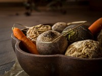Free mix of root vegetable in wooden bowl image. public domain vegetable CC0 photo.