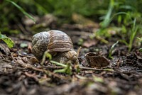 Free snail on ground closeup photo, public domain animal CC0 photo.