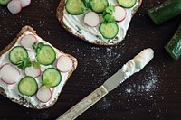 Free slice of bread cucumber on top image, public domain food CC0 photo.