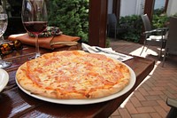 Free pizza & red wine image, public domain food CC0 photo.